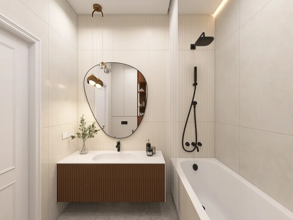 modern bathroom design featuring a sleek bathtub and stylish mirror, showcasing a minimalist aesthetic with earthy tones, ideal for creating a relaxing atmosphere using Homestyler's 3D rendering feature.