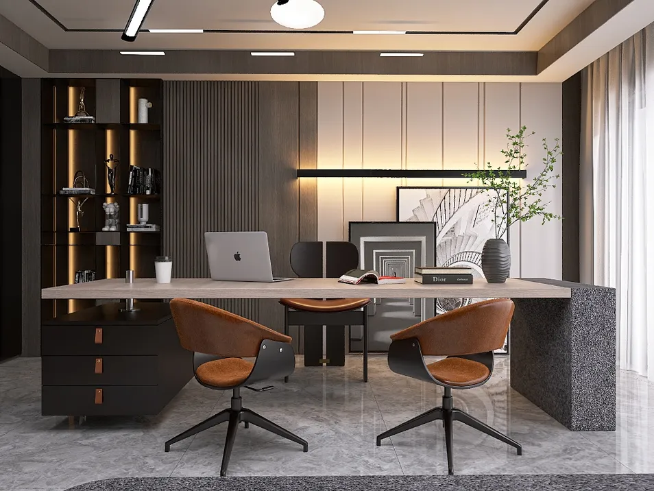 modern home office with elegant desk and stylish chairs featuring 3D rendering for interior design showcasing functionality in workspace optimization using Homestyler's real-time 3D rendering feature