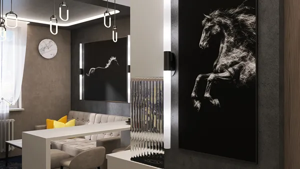 contemporary living room featuring a sleek white table and stylish sofa with a prominent black horse artwork, showcasing smart furniture arrangement with Homestyler's real-time 3D rendering.