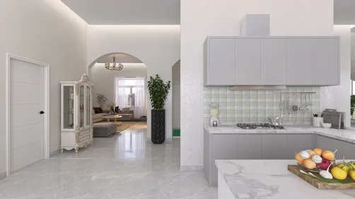 modern kitchen design showcasing elegant cabinetry with a focus on efficient space arrangement, utilizing Homestyler's real-time 3D rendering feature for an enhanced visualization experience.