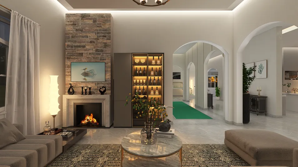 Living room featuring a cozy fireplace with stone accents, showcasing stylish furniture layout in a modern design, perfect for enhancing interior decor; utilizes Homestyler's real-time 3D rendering for design proposal visualization.