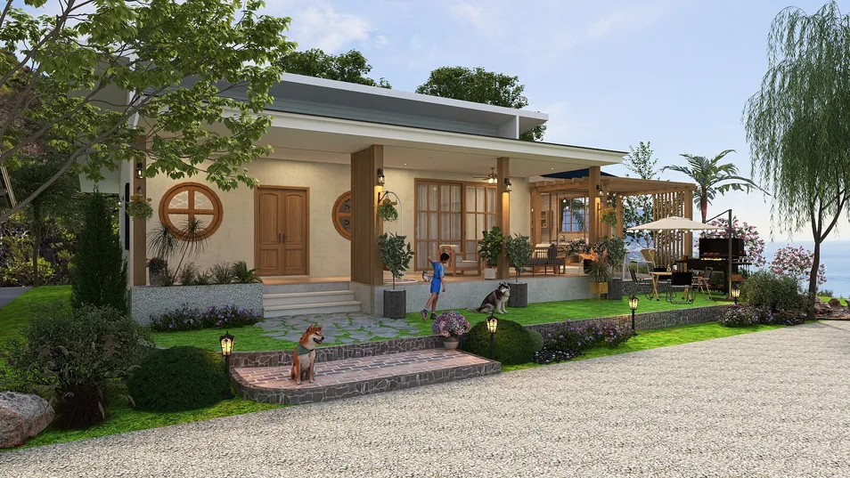 Charming house facade featuring a family enjoying outdoor space with smart furniture arrangement in a modern style, showcasing Homestyler's real-time 3D rendering for interior decor.
