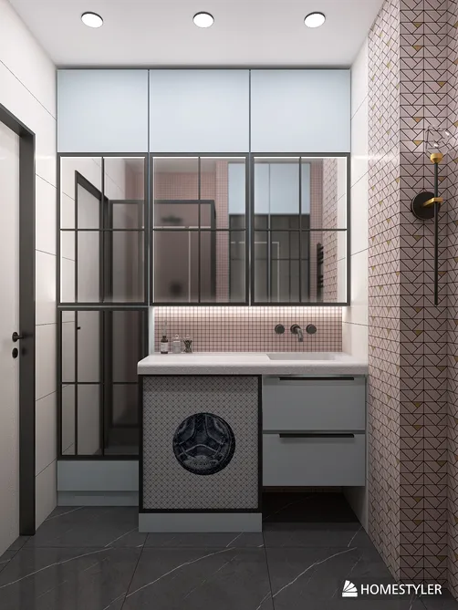 Modern bathroom design featuring a stylish vanity with a textured surface, utilizing real-time 3D rendering for accurate presentation, enhancing functional space efficiency.