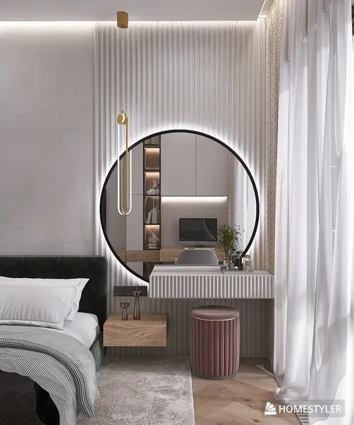 A modern bedroom featuring a stylish round mirror above a wooden vanity, complemented by soft bedding and a plush green accent wall. This interior design showcases sleek lines and contemporary decor, optimized using Homestyler's real-time 3D rendering for a fast design preview.