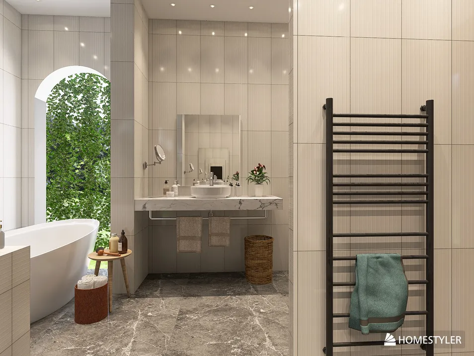 modern bathroom design featuring a freestanding bathtub and sleek fixtures, showcasing a minimalist style while utilizing Homestyler's real-time 3D rendering for an effective visual presentation.