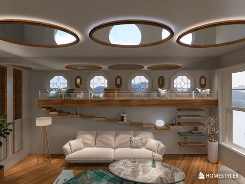 modern living room with stylish furniture arrangement and unique circular skylights, emphasizing space optimization through Homestyler's real-time 3D rendering feature