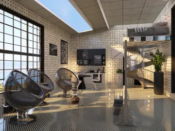 modern living room with futuristic chairs and a loft bed design showcasing the benefits of smart furniture arrangement for small spaces using Homestyler's real-time 3D rendering capability.