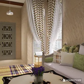 cozy living room with decorative curtains featuring a chevron pattern and a plush seating area in a warm style, showcasing interior decor for small spaces using Homestyler's real-time 3D rendering feature.