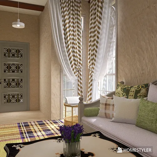 cozy living room with decorative curtains featuring a chevron pattern and a plush seating area in a warm style, showcasing interior decor for small spaces using Homestyler's real-time 3D rendering feature.