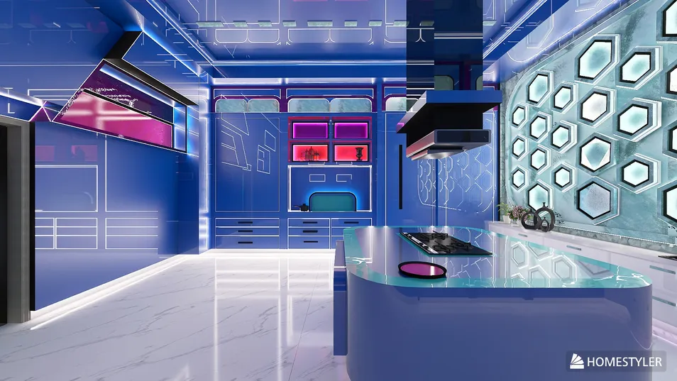 A futuristic kitchen design featuring sleek blue cabinets and an innovative island layout, showcasing an open layout for a modern living space, optimized for style and usability using Homestyler's real-time 3D rendering.