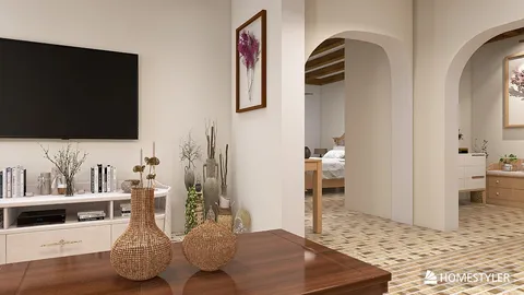 Living room with modern decor featuring a TV console and decorative vases, showcasing a cozy ambiance in a neutral color palette; optimized using Homestyler's real-time 3D rendering for an accurate visualization.
