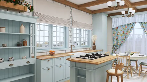 kitchen interior design featuring a bright blue cabinetry layout with modern appliances, showcasing a farmhouse style that enhances the cozy atmosphere, utilizing Homestyler's real-time 3D rendering for an accurate visual preview.