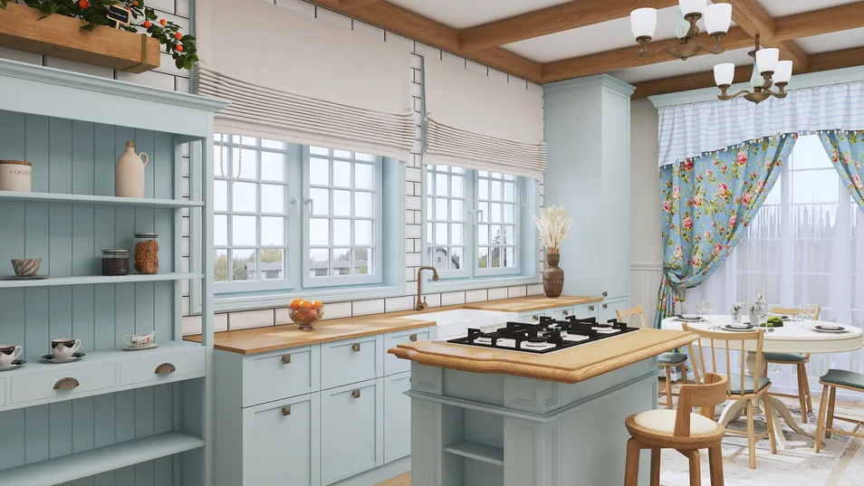 kitchen interior design featuring a bright blue cabinetry layout with modern appliances, showcasing a farmhouse style that enhances the cozy atmosphere, utilizing Homestyler's real-time 3D rendering for an accurate visual preview.