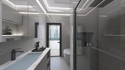 modern bathroom design showcasing sleek fixtures and minimalist style with efficient space utilization, utilizing Homestyler's real-time 3D rendering feature.