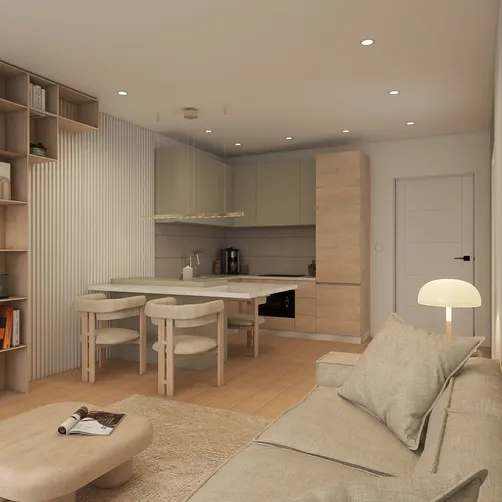 Modern living room featuring a minimalist sofa, dining area with wooden chairs, and contemporary kitchen design, showcasing interior decor with an emphasis on open space, utilizing Homestyler's real-time 3D rendering feature.