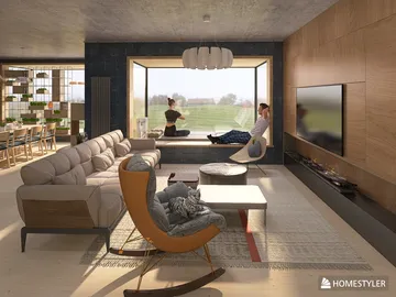 modern living room design featuring a cozy sofa and stylish armchair with a large window view, showcasing an open concept layout for an inviting and sophisticated atmosphere, utilizing Homestyler's real-time 3D rendering feature.