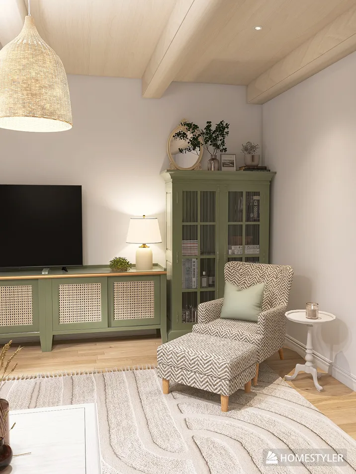 cozy living room with a green display cabinet and a patterned chaise lounge enhancing home comfort through interior decor, featuring Homestyler's real-time 3D rendering for realistic design previews.