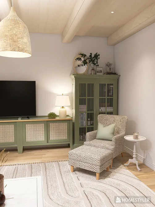 cozy living room with a green display cabinet and a patterned chaise lounge enhancing home comfort through interior decor, featuring Homestyler's real-time 3D rendering for realistic design previews.
