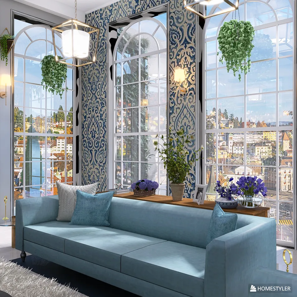 Blue sofa featuring a modern interior design with a focus on natural lighting and decorative plants, showcasing the Homestyler real-time 3D rendering feature for an effective design proposal.