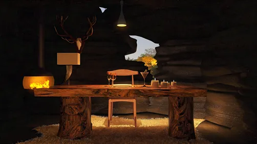 A rustic wooden desk in a cave-like office space, featuring a chair and decorative elements, showcasing a cozy and natural design style; highlighting the realistic 3D rendering capability of Homestyler for interior decor.