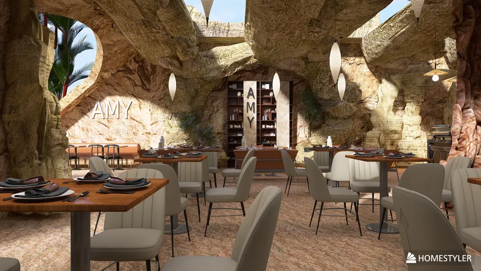 restaurant interior design featuring stone-wall aesthetics and modern furniture layout, creating a cozy dining atmosphere using Homestyler's real-time 3D rendering feature.