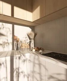 Modern kitchen design showcasing a sleek countertop arrangement with stylish decor and natural lighting creating shadows, featuring interior decor elements such as dried flowers and a functional stove; utilizes Homestyler's real-time 3D rendering for instant design visualization.