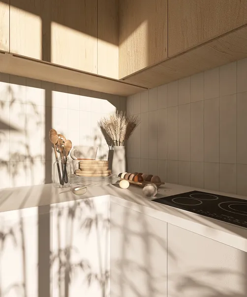 Modern kitchen design showcasing a sleek countertop arrangement with stylish decor and natural lighting creating shadows, featuring interior decor elements such as dried flowers and a functional stove; utilizes Homestyler's real-time 3D rendering for instant design visualization.