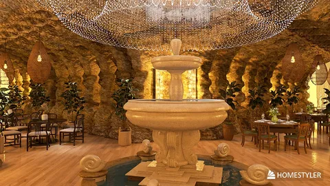fountain in a luxurious cave-like restaurant interior design showcasing warm ambient lighting and natural elements, highlighting Homestyler's real-time 3D rendering feature for enhanced visualization.