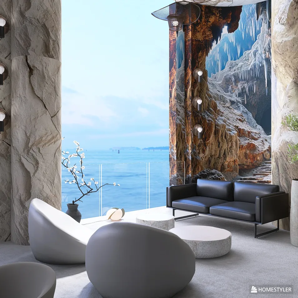 modern living room with ocean view showcasing 3D interior design using Homestyler for realistic rendering