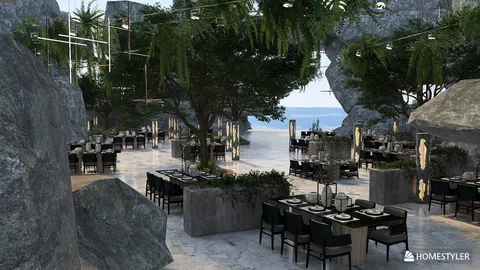 outdoor dining area with modern tables set against a natural rock backdrop featuring lush greenery and ocean views, showcasing a beautiful restaurant design using Homestyler's real-time 3D rendering feature.