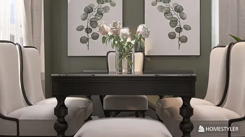 Elegant dining room featuring a black dining table and white upholstered chairs, decorated with floral arrangements and leaf artwork, showcasing modern interior design aesthetics using Homestyler's real-time 3D rendering.