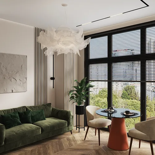 Modern green sofa in a cozy living room with large windows, showcasing natural light and an elegant white chandelier, featuring smart furniture arrangement for optimal space usage, using Homestyler's real-time 3D rendering.