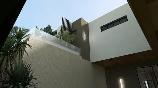 Modern architectural facade design showcasing a bright and airy outdoor space with greenery, leveraging Homestyler's real-time 3D rendering for a stunning visual presentation.