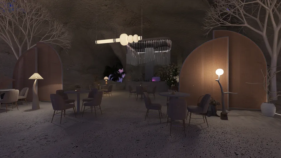 Modern restaurant interior featuring unique seating arrangements and ambient lighting designed using Homestyler's real-time 3D rendering feature, emphasizing an ethereal and cozy atmosphere.