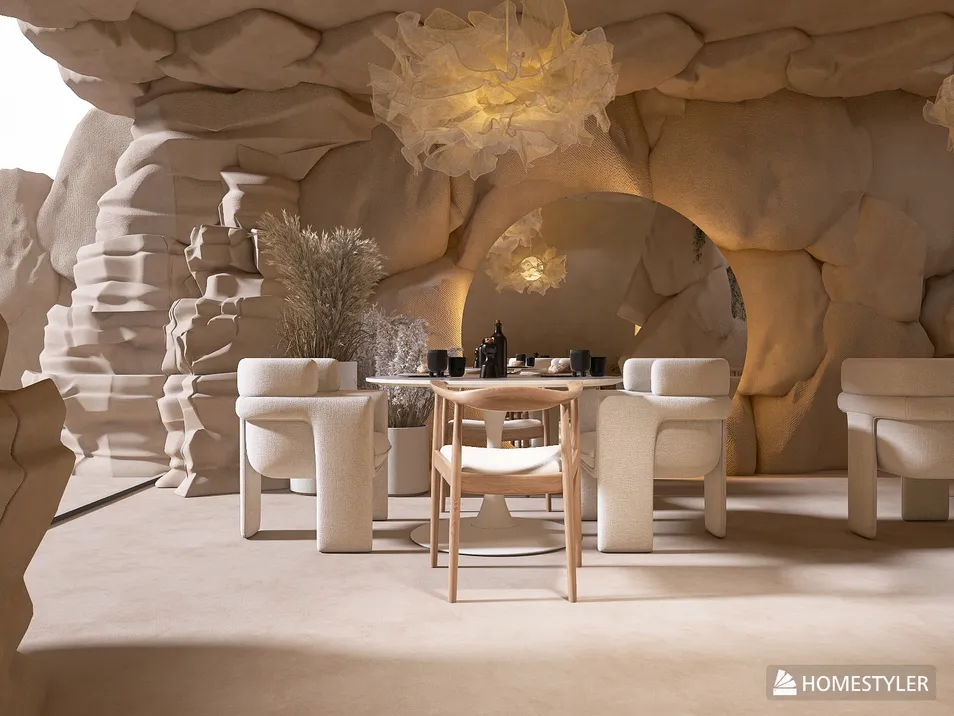 a dining area featuring natural rock formations and organic shapes, showcasing a sculptural design style, enhancing the unique ambiance of the space with the Homestyler real-time 3D rendering functionality.
