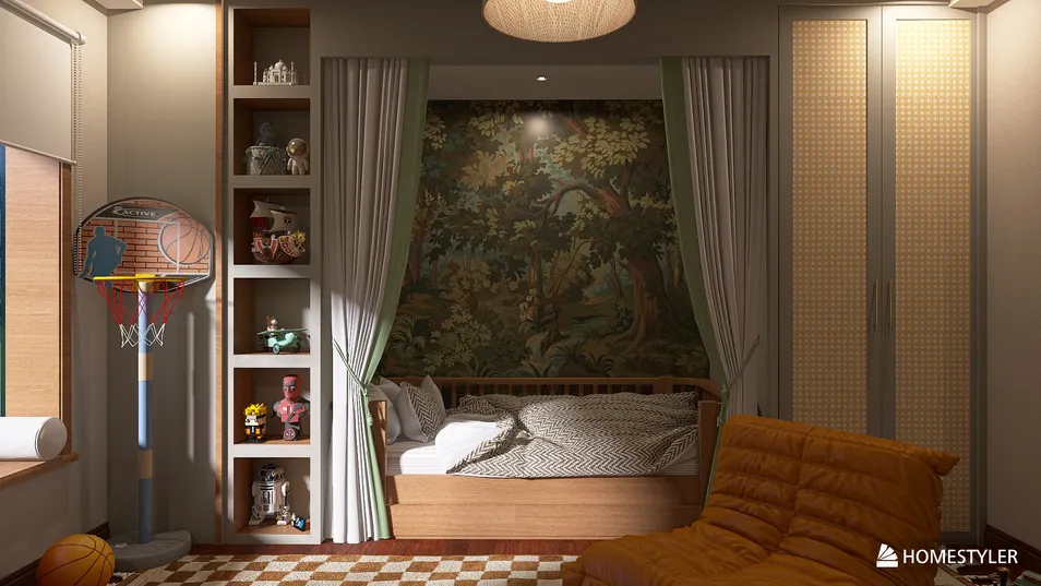 playful children's bedroom with a cozy bed setup featuring a forest mural design, incorporating intelligent furniture arrangement for optimal space use, utilizing Homestyler's real-time 3D rendering feature.