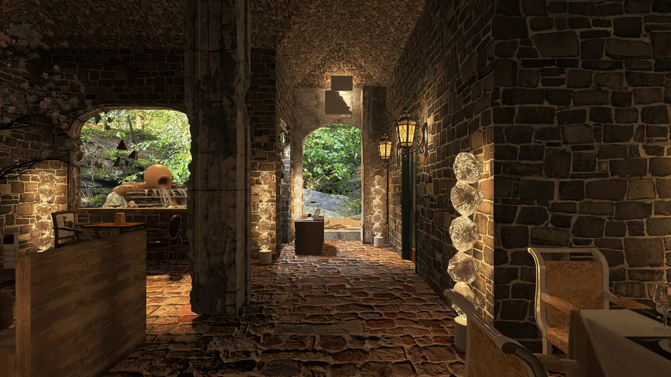 stone corridor with rustic lighting and natural views, featuring a cozy dining area, designed for a warm and inviting atmosphere, utilizing Homestyler's real-time 3D rendering feature.