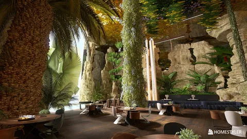 lush indoor garden design incorporating tropical plants with a nature-inspired theme for a vibrant dining space, showcasing Homestyler's real-time 3D rendering feature.