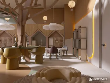 Modern living space featuring a playful arrangement of unique furniture styles and organic shapes, utilizing Homestyler's real-time 3D rendering for an immersive interior design experience.