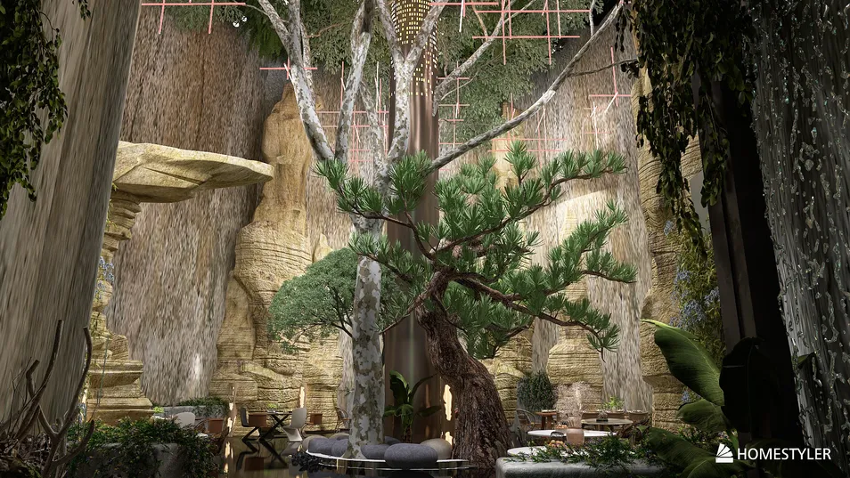 Indoor garden design featuring a large tree, creating a serene escape with natural elements, utilizing Homestyler's real-time 3D rendering for an immersive experience.