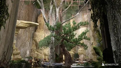 Indoor garden design featuring a large tree, creating a serene escape with natural elements, utilizing Homestyler's real-time 3D rendering for an immersive experience.