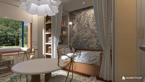 A cozy bedroom with floral wallpaper, featuring a stylish bed, an elegant dining table, and decorative curtains, designed using Homestyler's real-time 3D rendering for a modern interior decor concept.