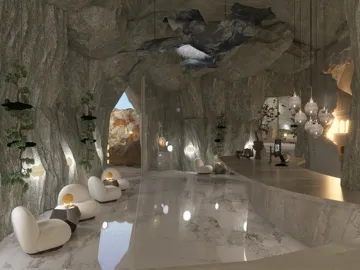 cave-inspired lounge seating arrangements with elegant lighting creating a mystical atmosphere in an organic style, featuring interior design optimization with Homestyler's real-time 3D rendering.