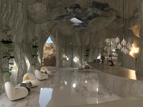 cave-inspired lounge seating arrangements with elegant lighting creating a mystical atmosphere in an organic style, featuring interior design optimization with Homestyler's real-time 3D rendering.