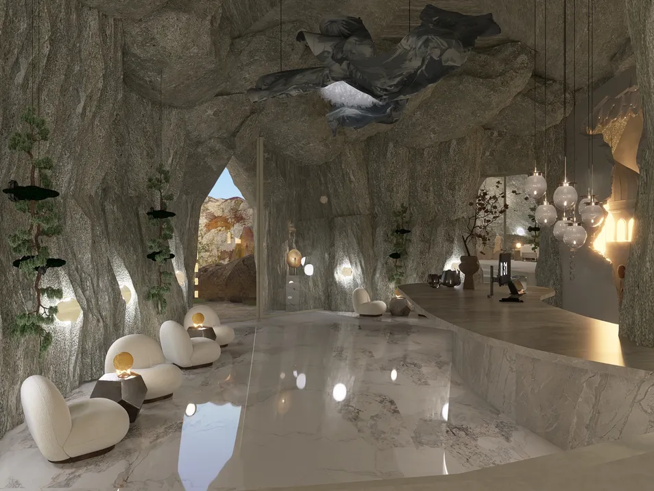 cave-inspired lounge seating arrangements with elegant lighting creating a mystical atmosphere in an organic style, featuring interior design optimization with Homestyler's real-time 3D rendering.