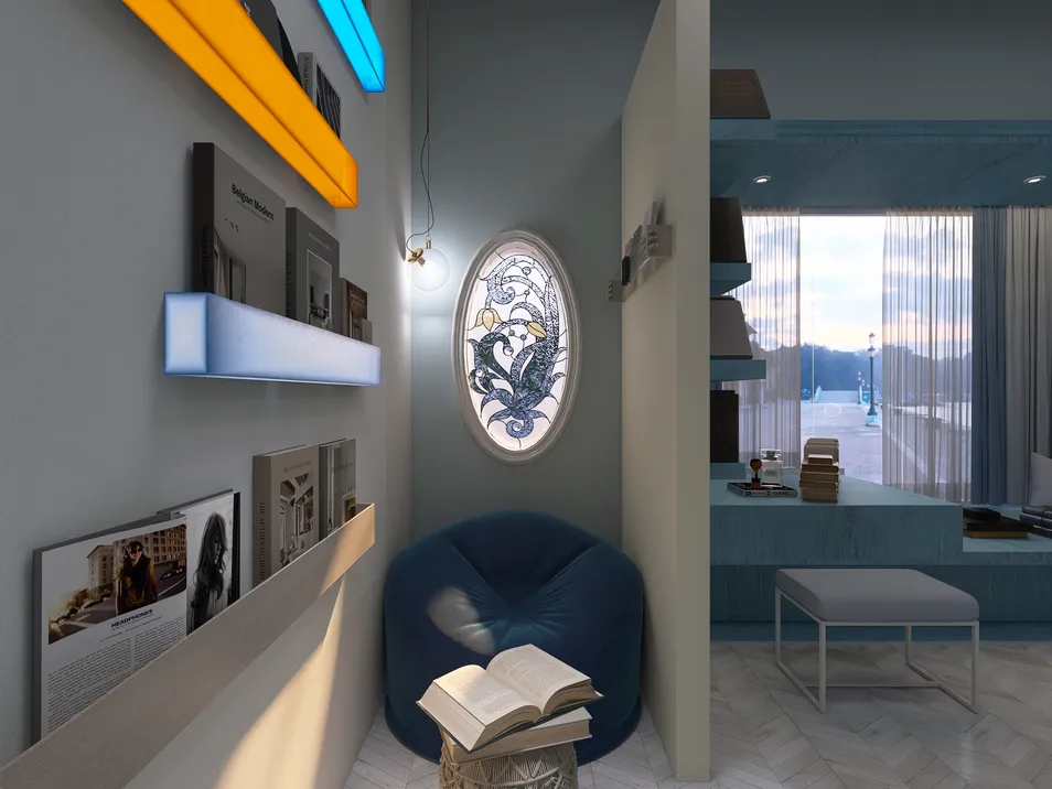 cozy reading nook featuring a bean bag and decorative wall shelves showcasing books in a modern coastal style, enhancing small space design using Homestyler's smart furniture arrangement.