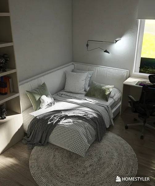 Cozy bedroom featuring a daybed with soft bedding arranged in a minimalist style, showcasing space optimization for small interiors, utilizing Homestyler's real-time 3D rendering functionality.