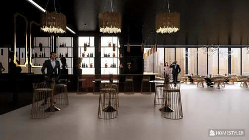 modern bar interior design featuring stylish seating arrangements and elegant lighting, showcasing a luxurious atmosphere for social gatherings, utilizing Homestyler's real-time 3D rendering functionality.