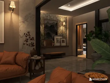 cozy living room arrangement featuring orange sofas and artistic wall decor in contemporary style, showcasing interior decor design with Homestyler's real-time 3D rendering feature.
