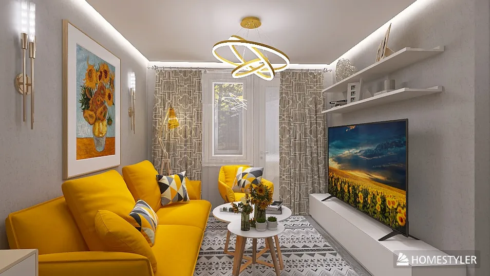 Yellow sofa arrangement in a cozy living room, featuring contemporary design style and enhancing space value, showcasing Homestyler's real-time 3D rendering feature.